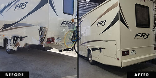 image showing before and after repairs to a wrecked rv