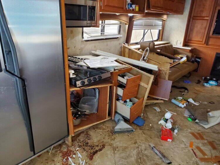 rv cabinets needing custom cabinetry and upholstery due to destroyed by propane explosion needing work done by our cabinets and upholstery department at rv masters in Kenner, La.