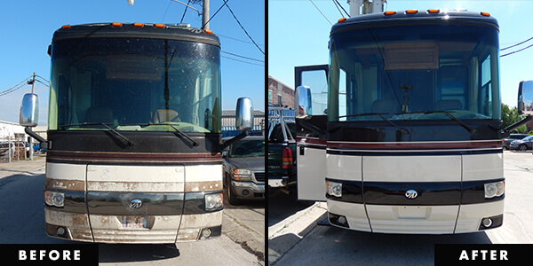 image showing before and after paint job on an rv