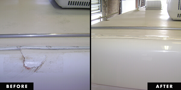 image showing before and after repairs on an RV roof