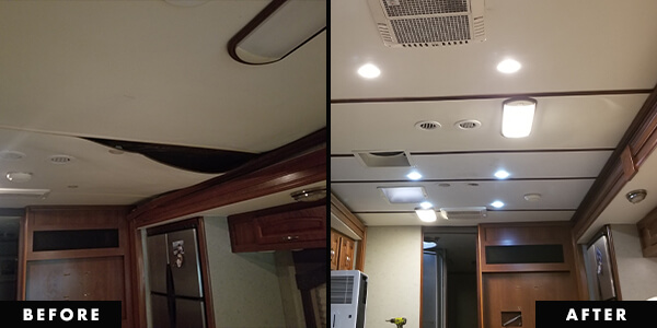 image showing before and after repairs of an rv roof leak