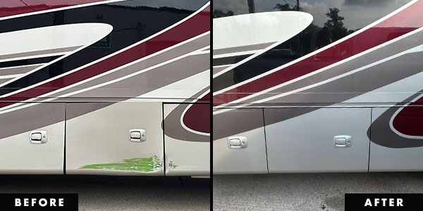 image showing before and after repairs of damage to side panel storage door of an RV